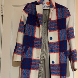 Plaid Wool-Blend Trench Coat in Blue, Red & White by